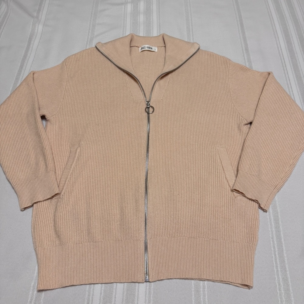 Grace Karin Womens Full Zip Ribbed cozy Cardigan Beige Tan Size L Pocketed